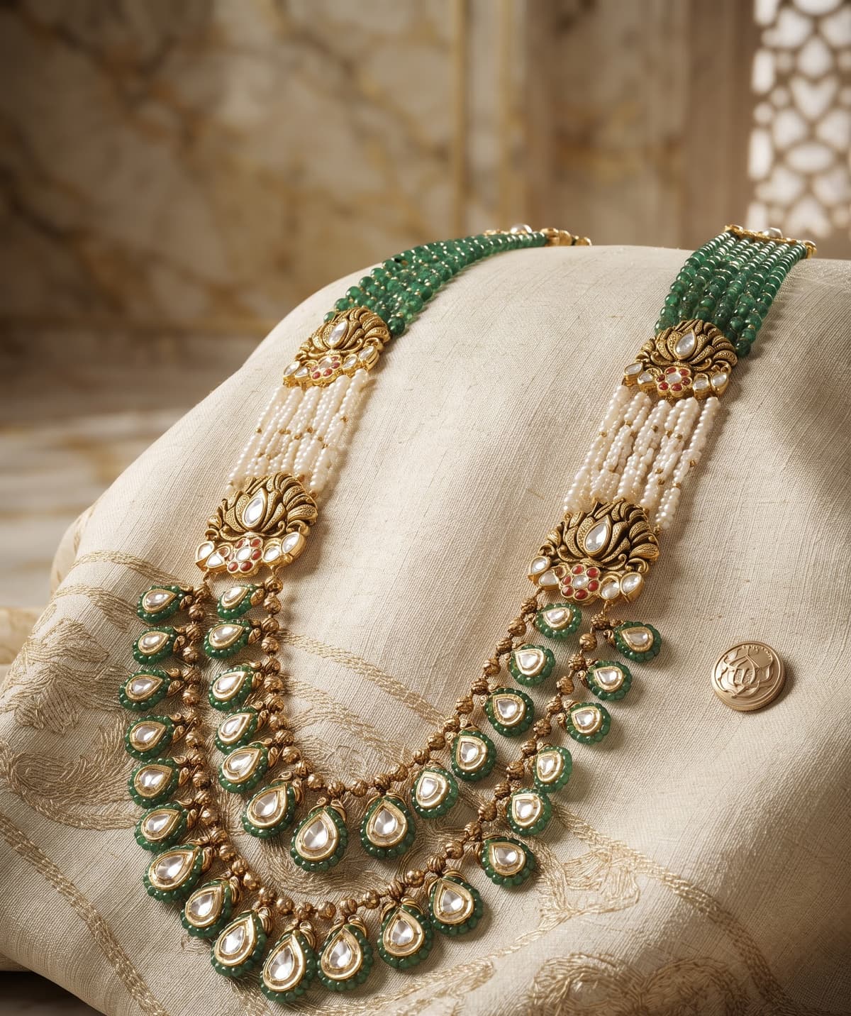 Kundan Emerald Pearl Satlada with Lotus Motifs