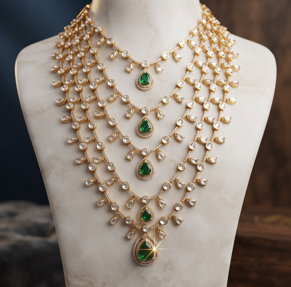 Polki Emerald Five-tier Satlada Haar