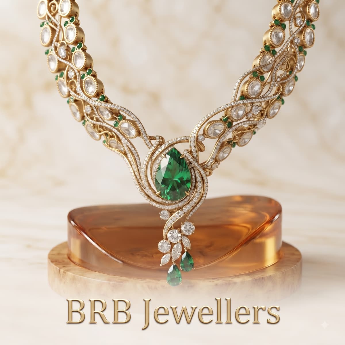 Polki Emerald Vine Necklace with Pear Centre