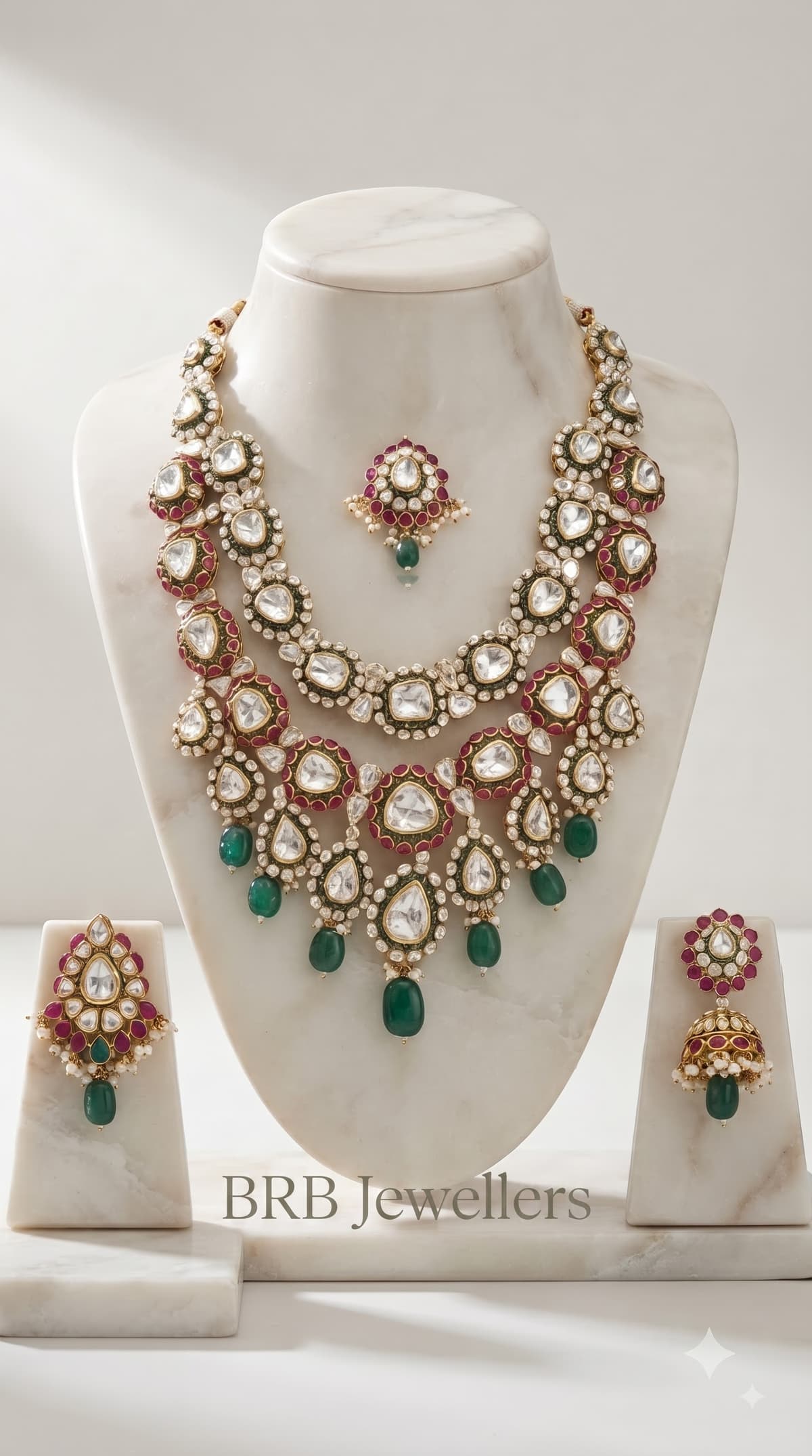 Polki Ruby Emerald Bridal Set with Tikka