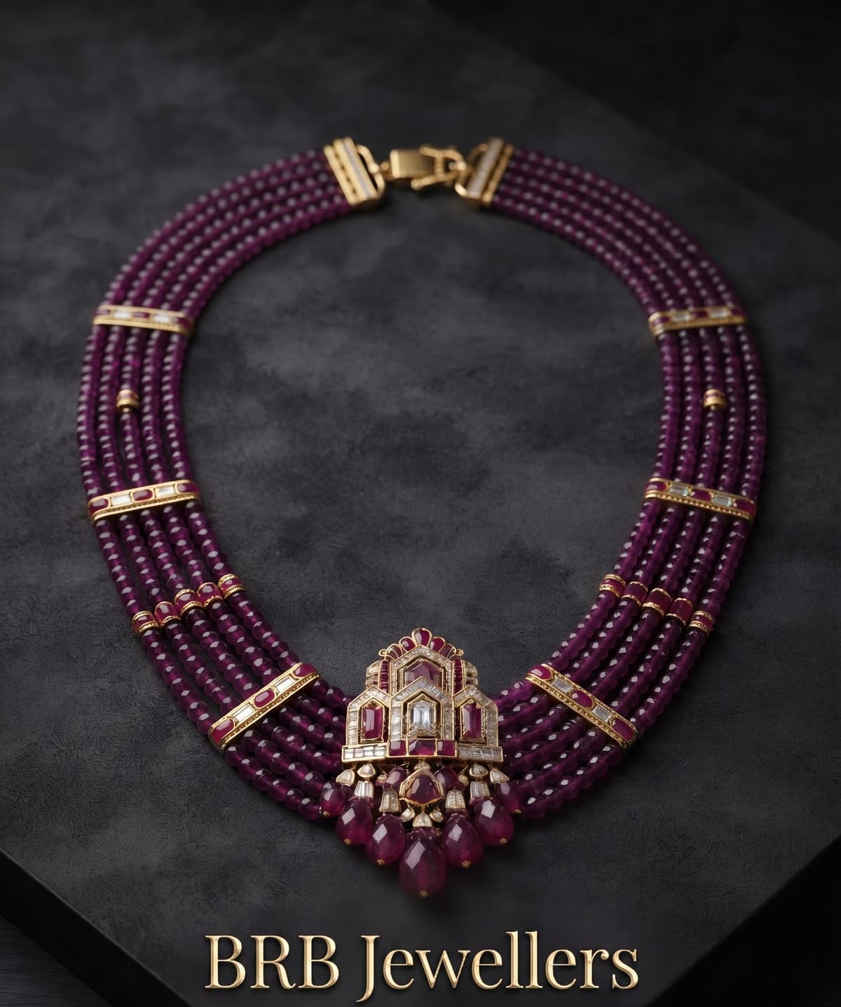 Ruby Bead Multi-strand Haar with Temple Pendant
