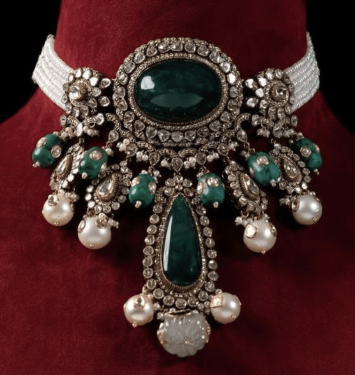 Emerald Polki Choker with Pearls