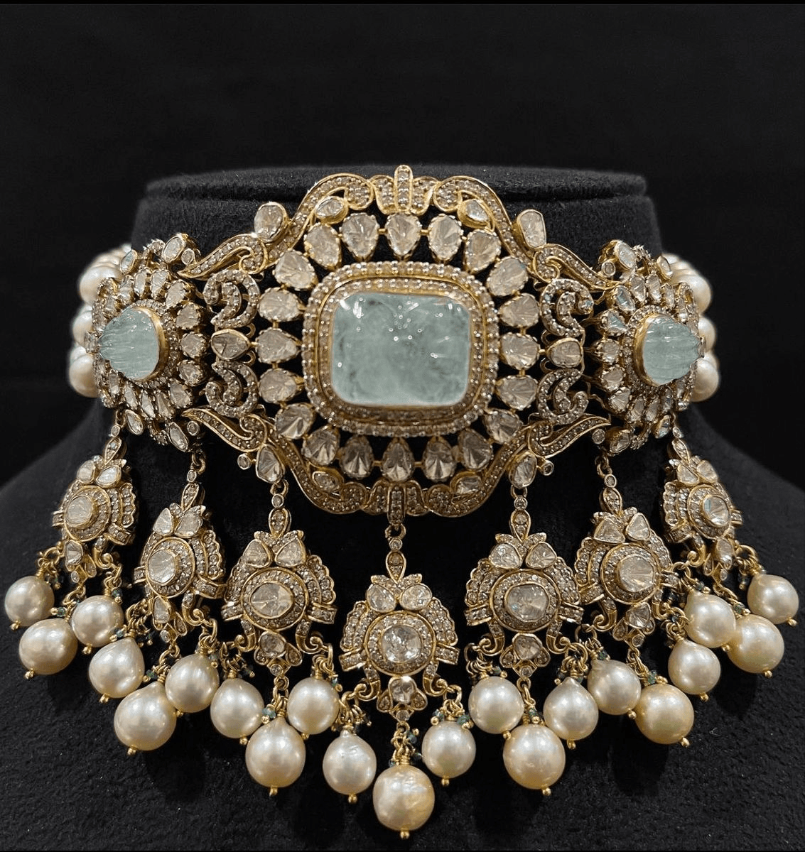 Polki Pearl Choker with Emerald Centre