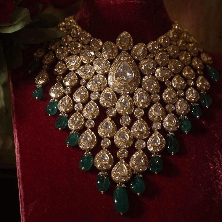 Heavy Polki Statement Necklace with Emerald Drops